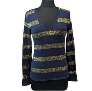 Vintage Y2K Cache L Sopranos Silk Navy Gold Sequin Striped V-Neck Sweater ASO